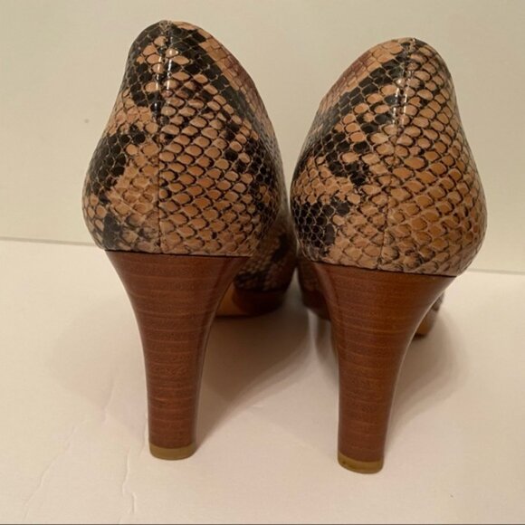 STUART WEITZMAN HEELS SHOES PEEP TOE BROWN BLACK REPTILE LOOK LEATHER - Picture 12 of 14